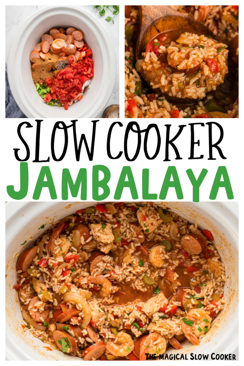 images of jambalaya with text overlay for pinterest.