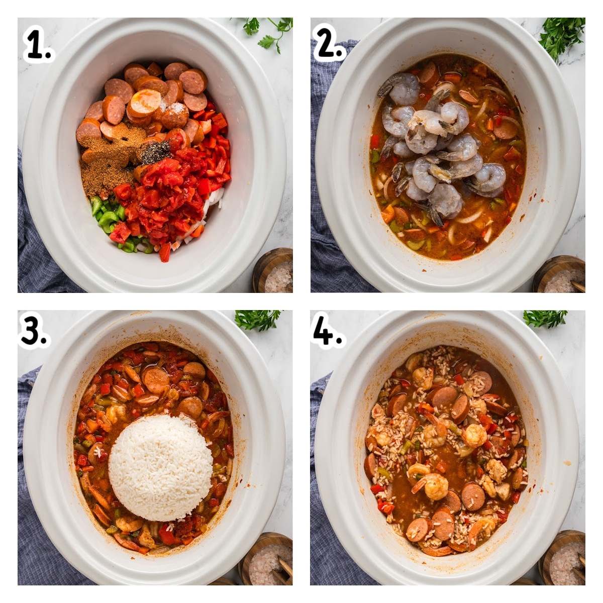 Four images showing how to make jambalaya in a slow cooker.