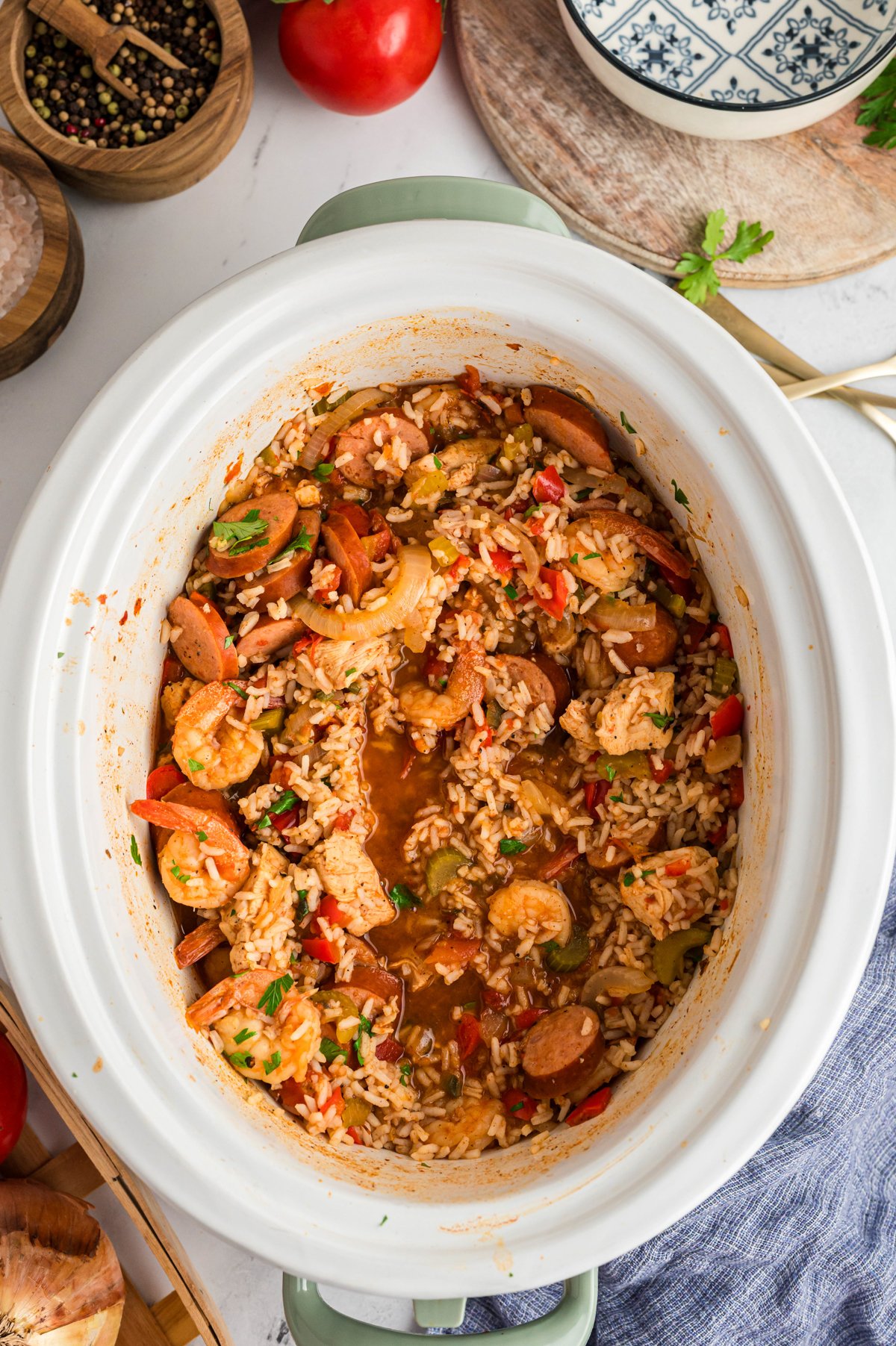 Cooked jambalaya in a slow cooker.