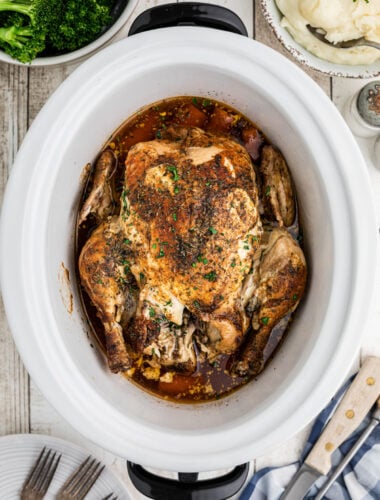 Cooked mayonnaise chicken in a slow cooker.