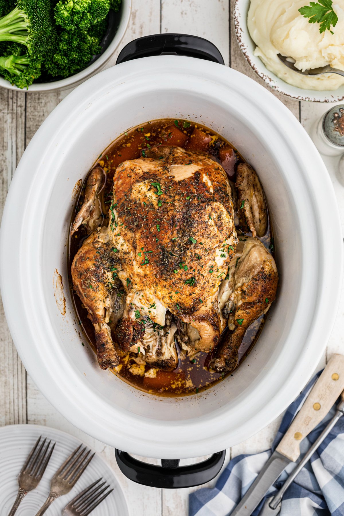 Cooked mayonnaise chicken in a slow cooker.