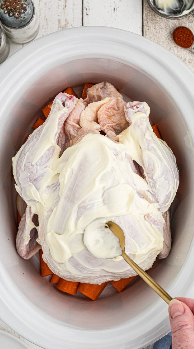Long image of mayonnaise chicken in a white slow cooker.