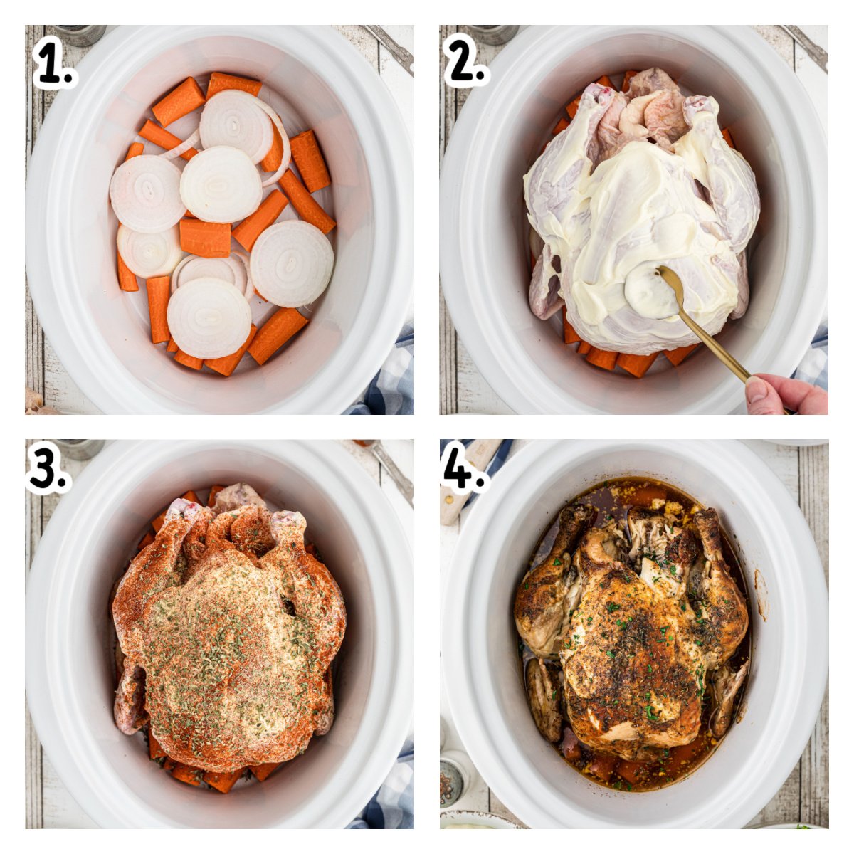 four images showing how to make mayonnaise chicken in a slow cooker.