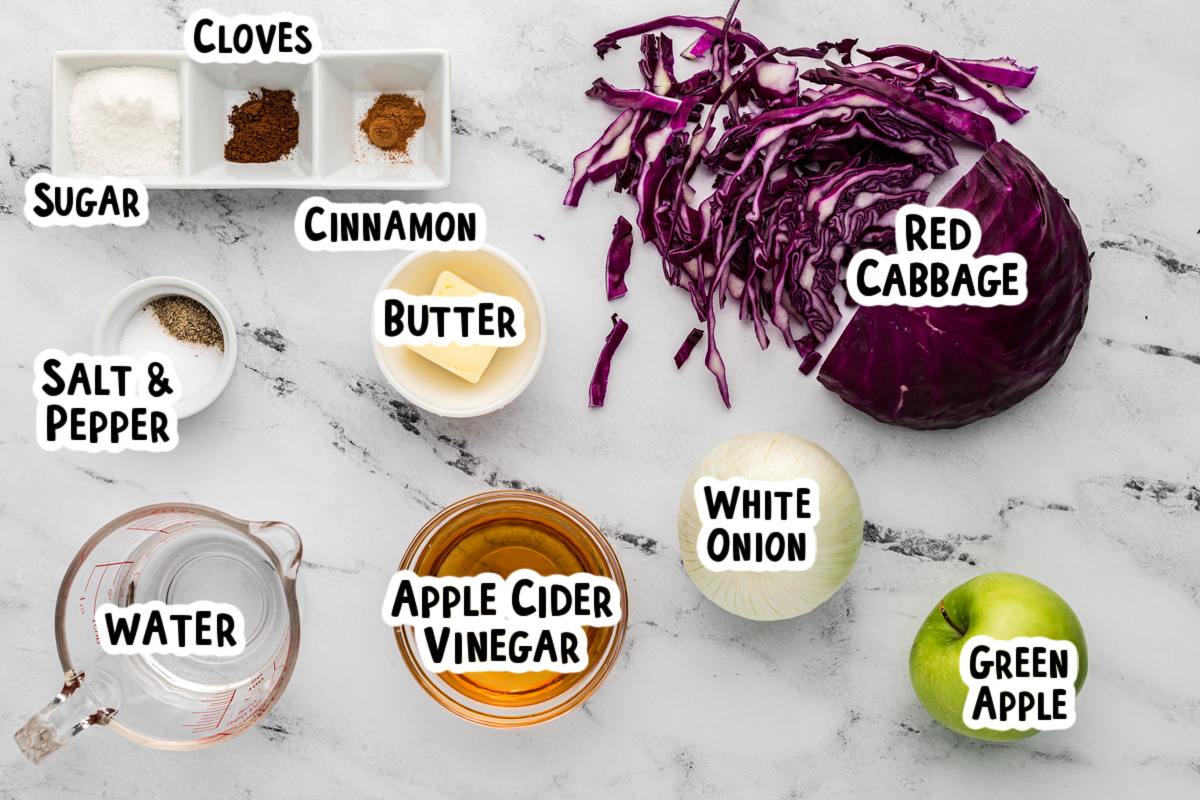 Ingredients for red cabbage on a table.