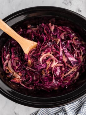 overhead shot of red cabbage in a slow cooker.