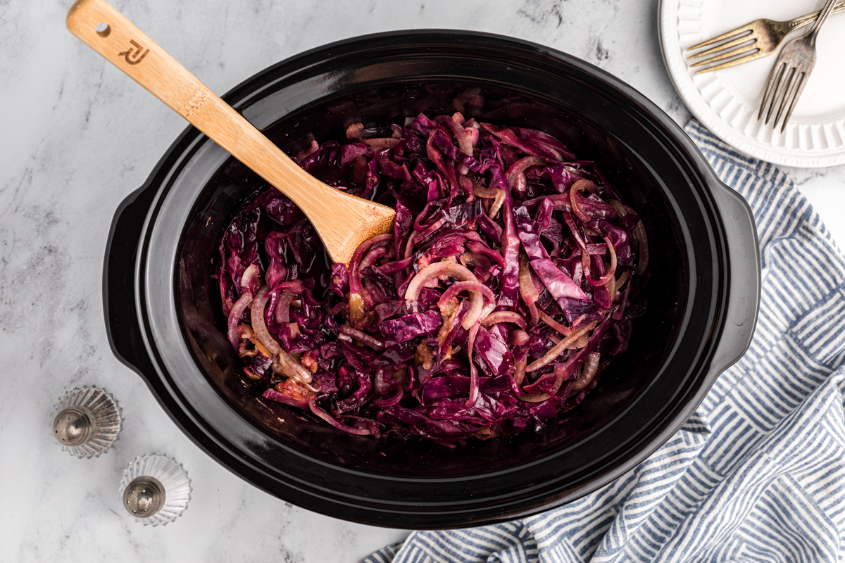 overhead shot of red cabbage in a slow cooker.