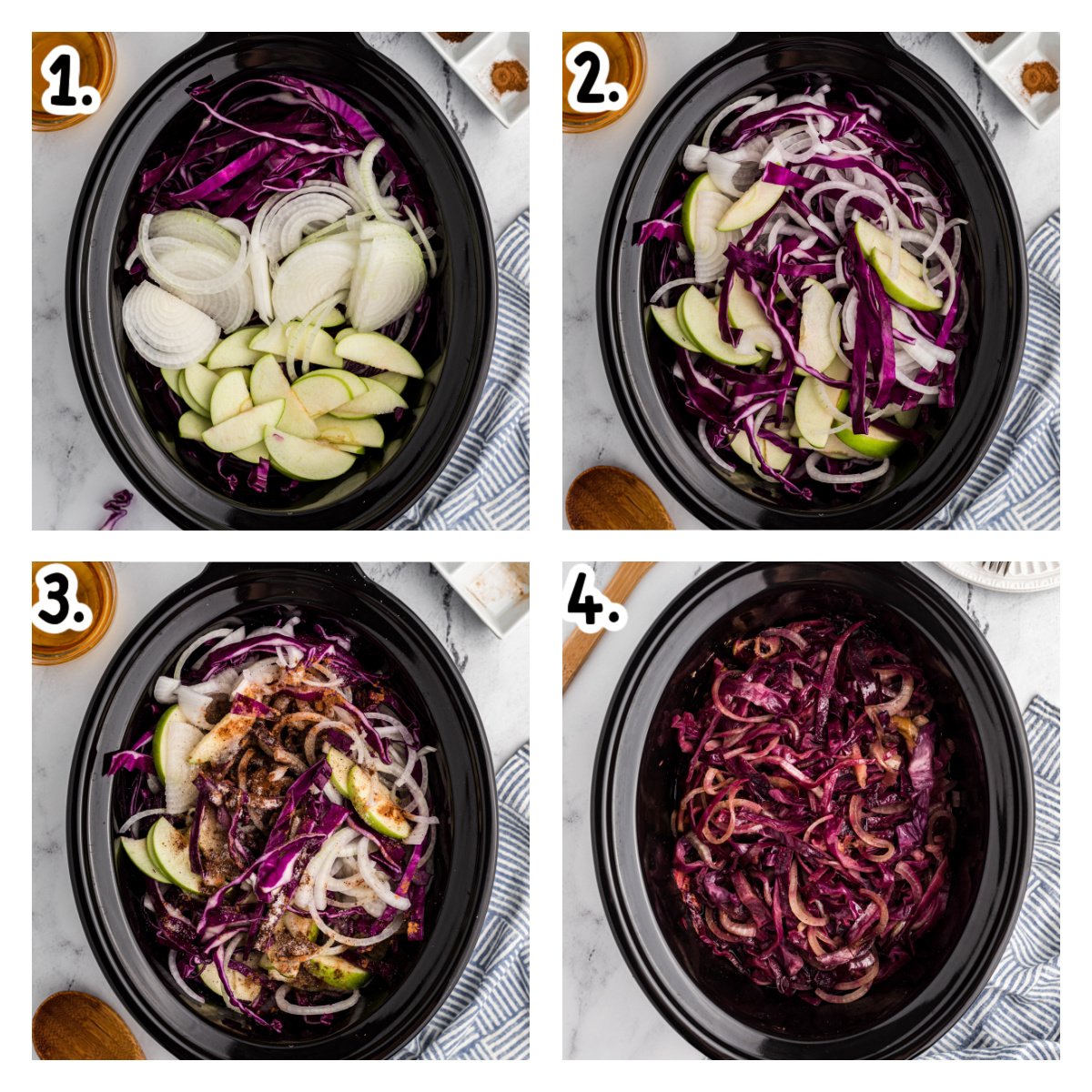 4 images showing how to make red cabbage in a slow cooker.