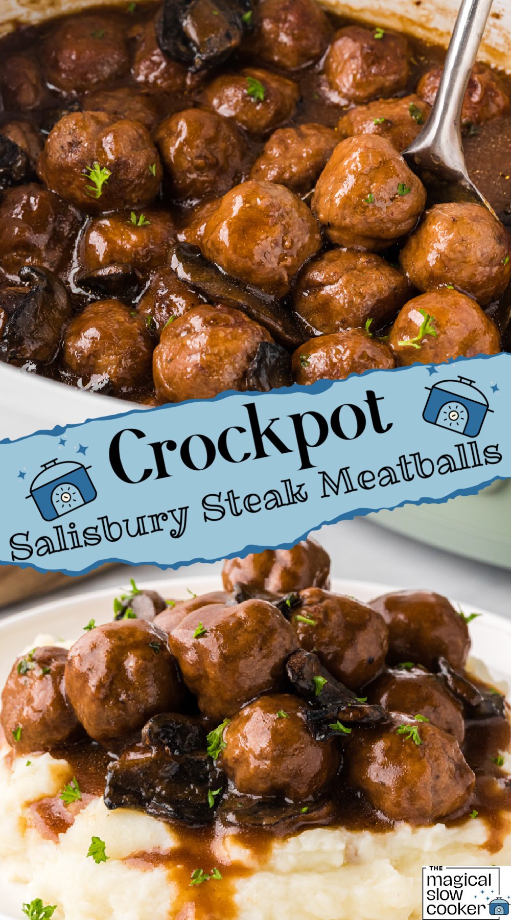 2 images of salisbury steak with meatballs.