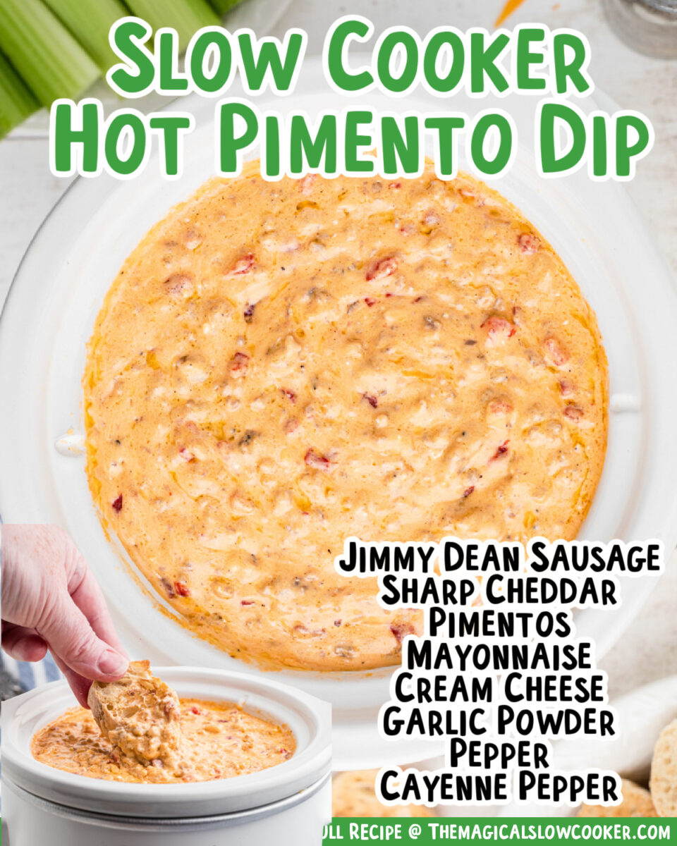 images of hot pimento cheese dip with text overlay for facebook.