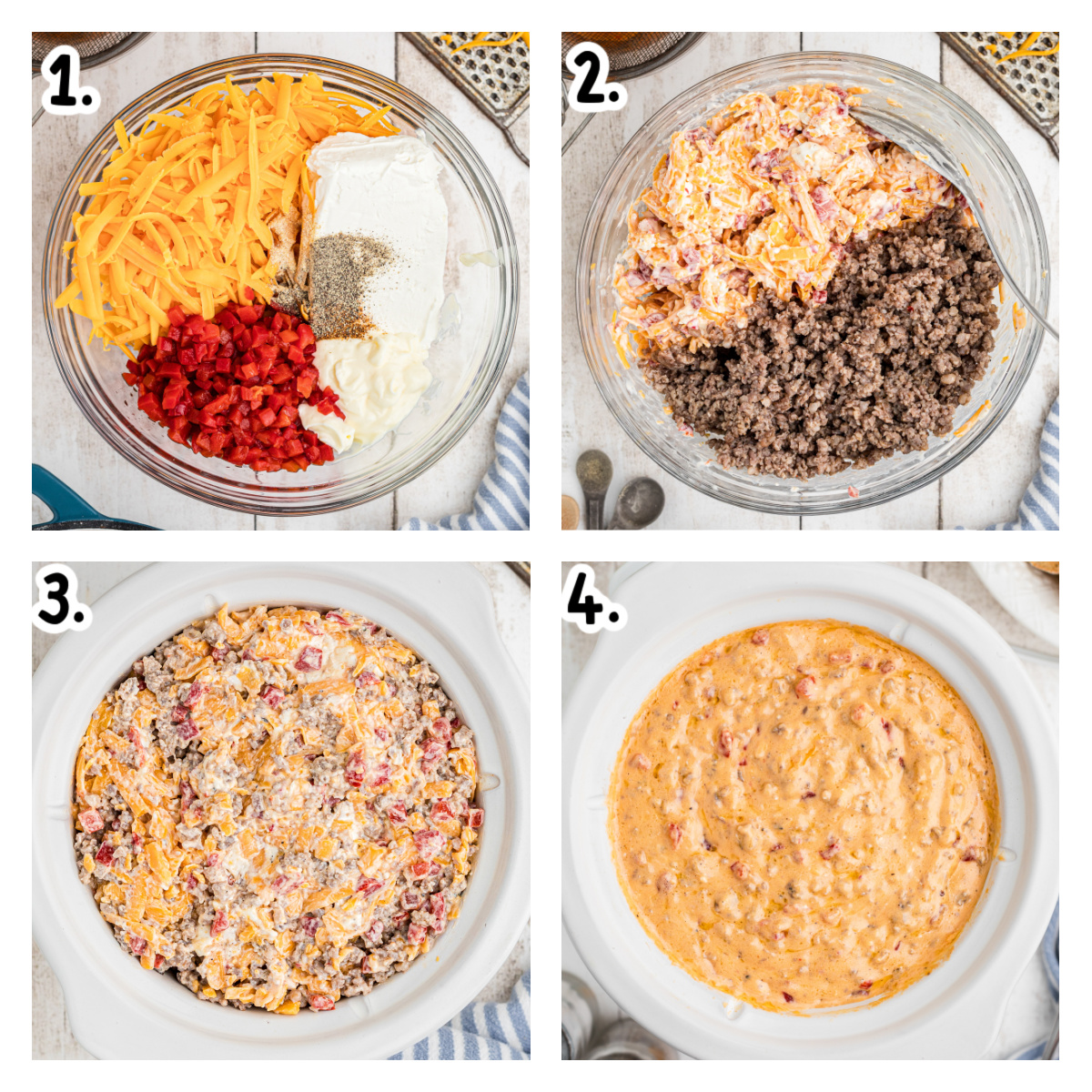 Four images showing how to make pimento cheese dip in a slow cooker.