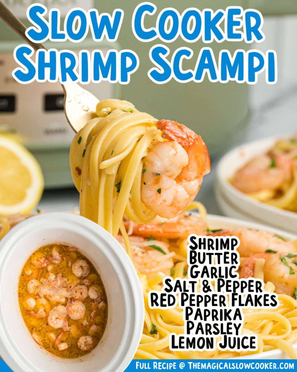 images of of shrimp scampi with text of the ingredients for facebook.