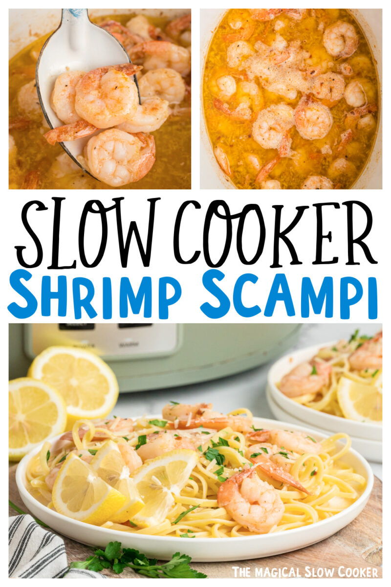 Images of shrimp scampi with text overlay for pinterest.