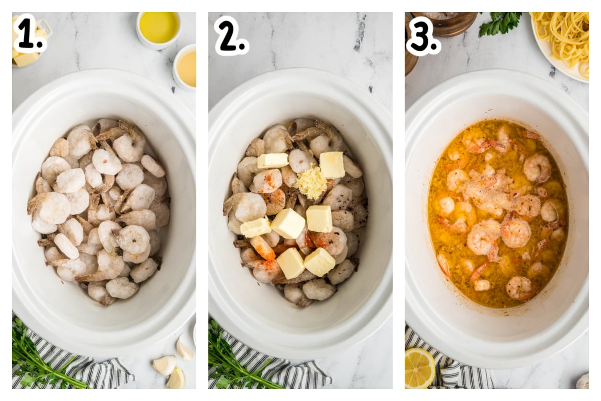 3 images of how to make shrimp scampi in a slow cooker.