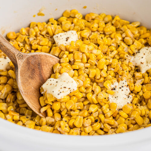 close up of fried corn in a slow cooker.