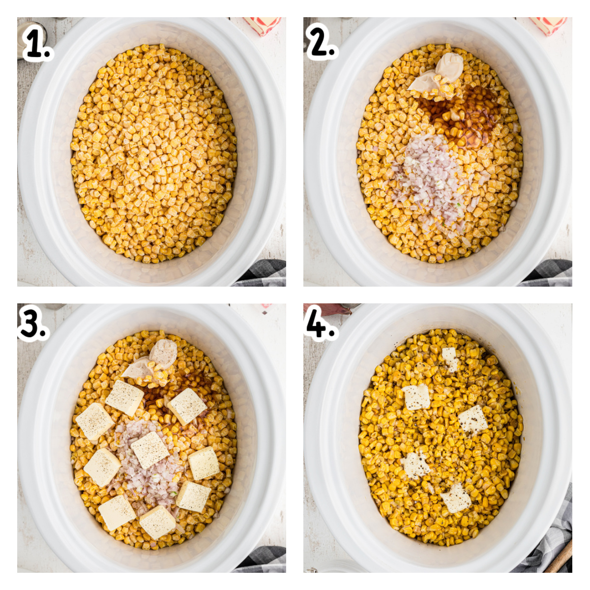 Four images showing how to make fried style corn in a slow cooker.