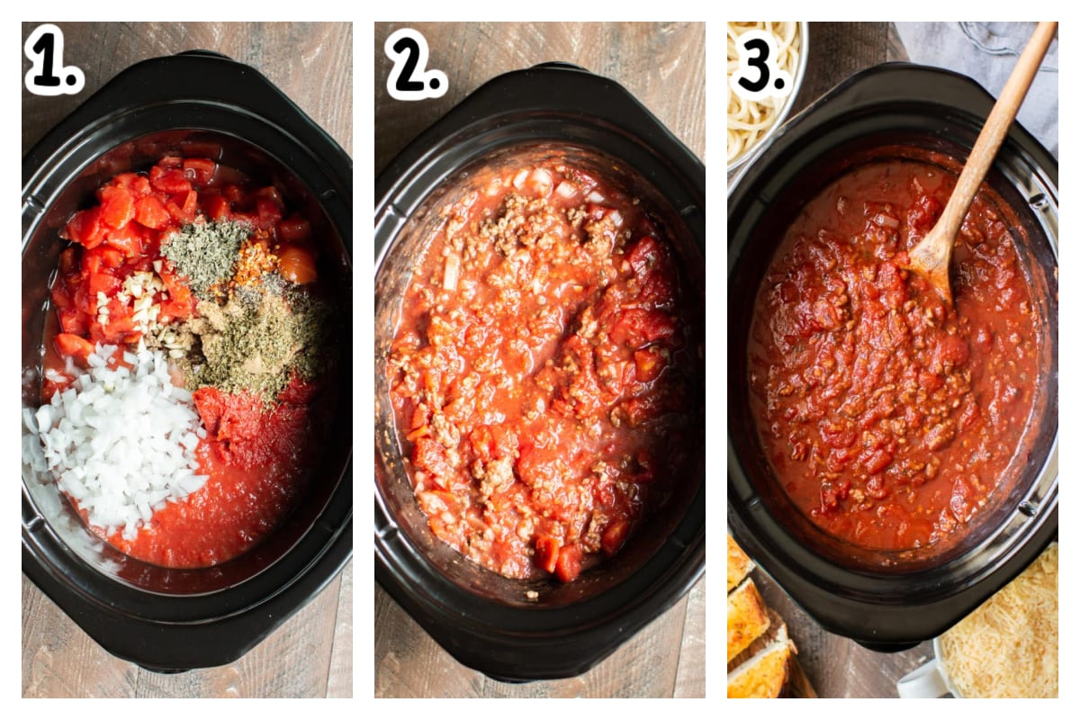 3 images showing how to make spaghetti sauce in a crockpot.