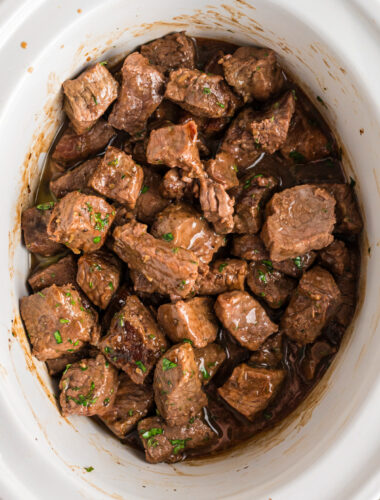 Steak bites in a slow cooker.