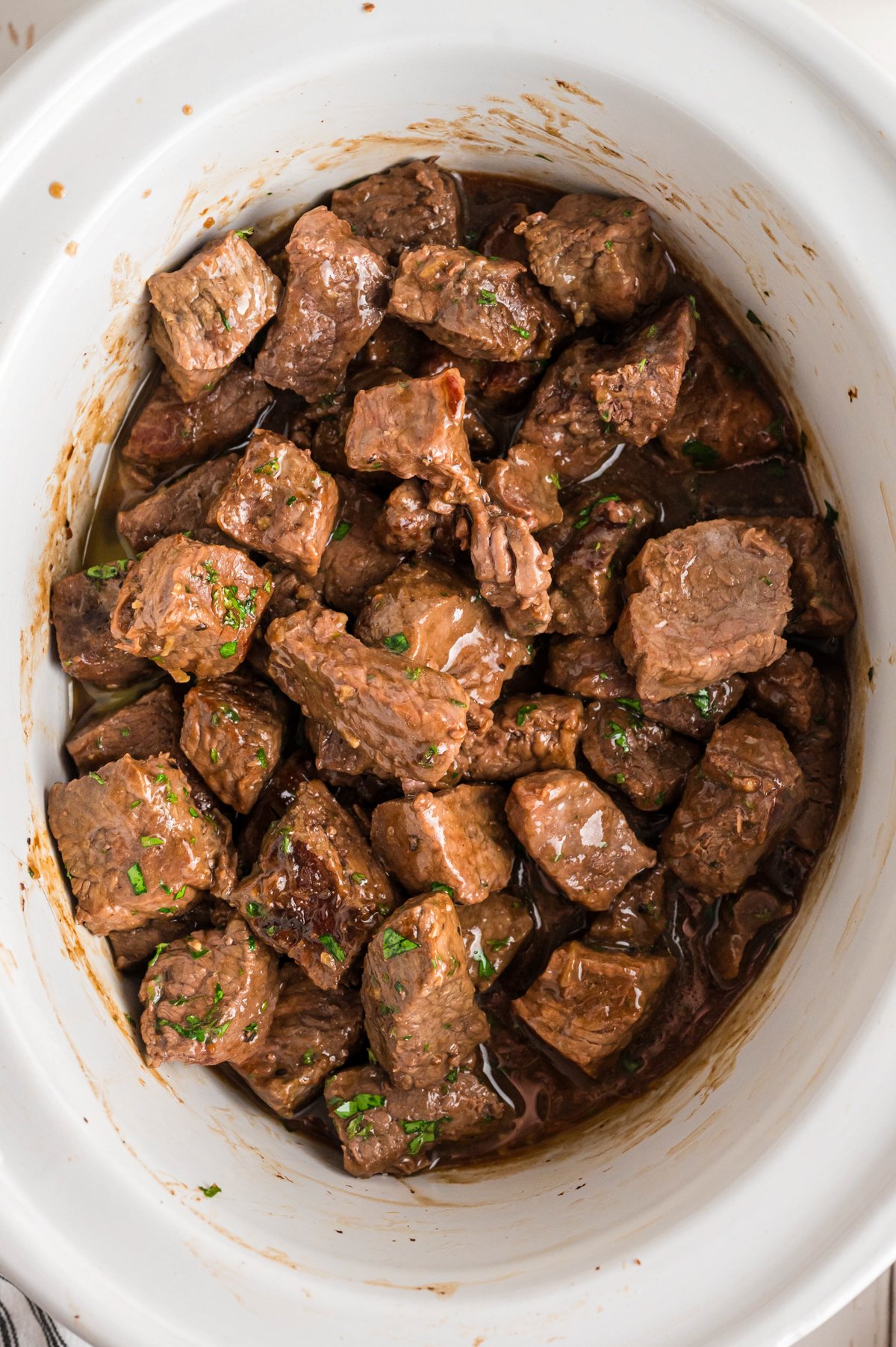 Steak bites in a slow cooker.