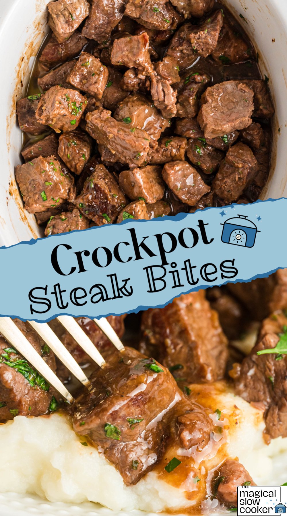 2 images of steak bites in a crockpot with text overlay.