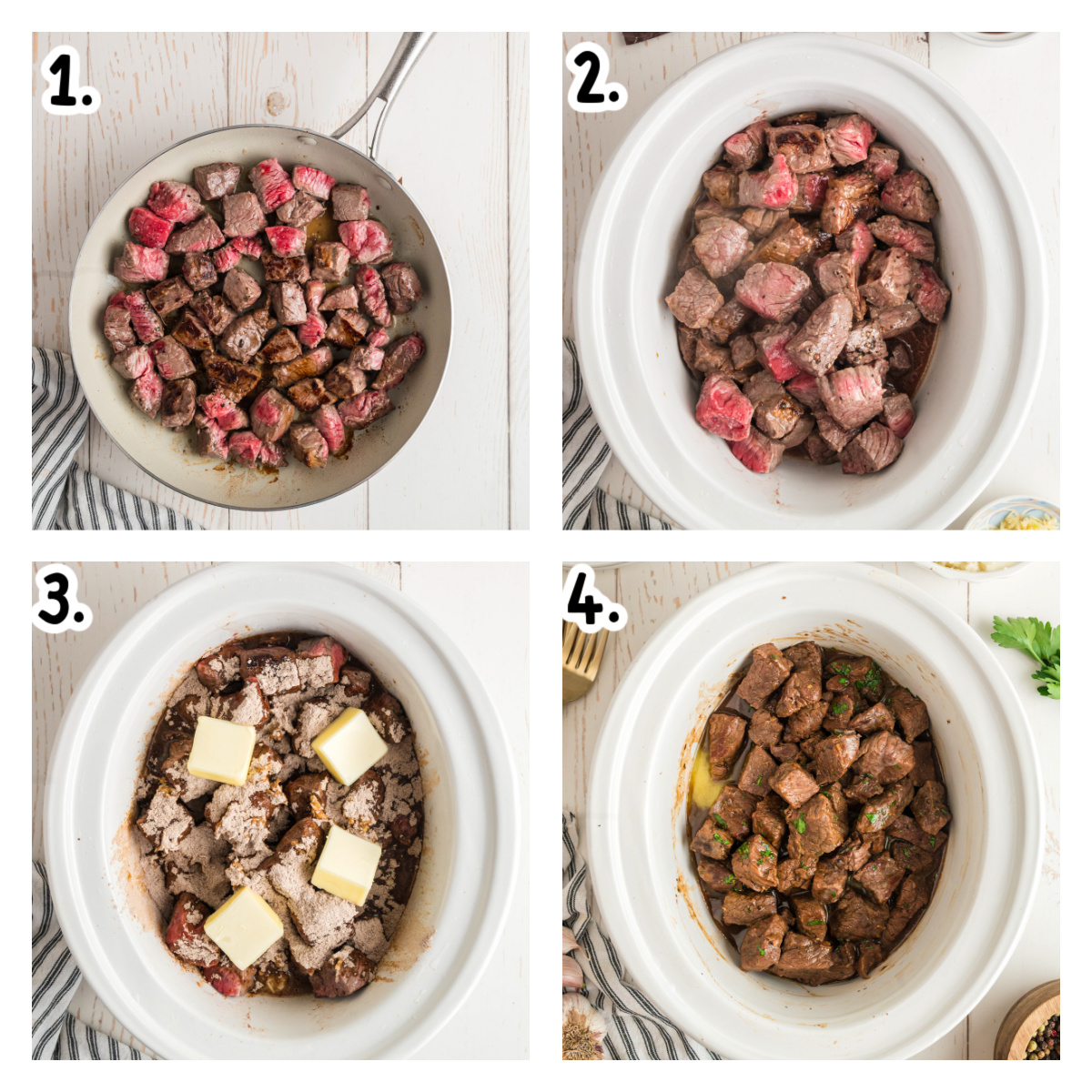 Four images showing how to make beef steak bites in a slow cooker.