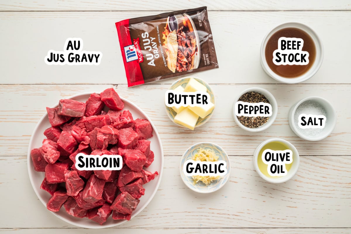 Ingredients for steak bites on a table.
