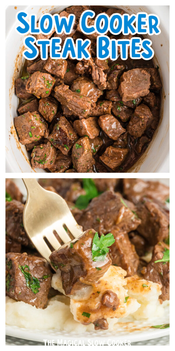 2 images of steak bites for pinterest.