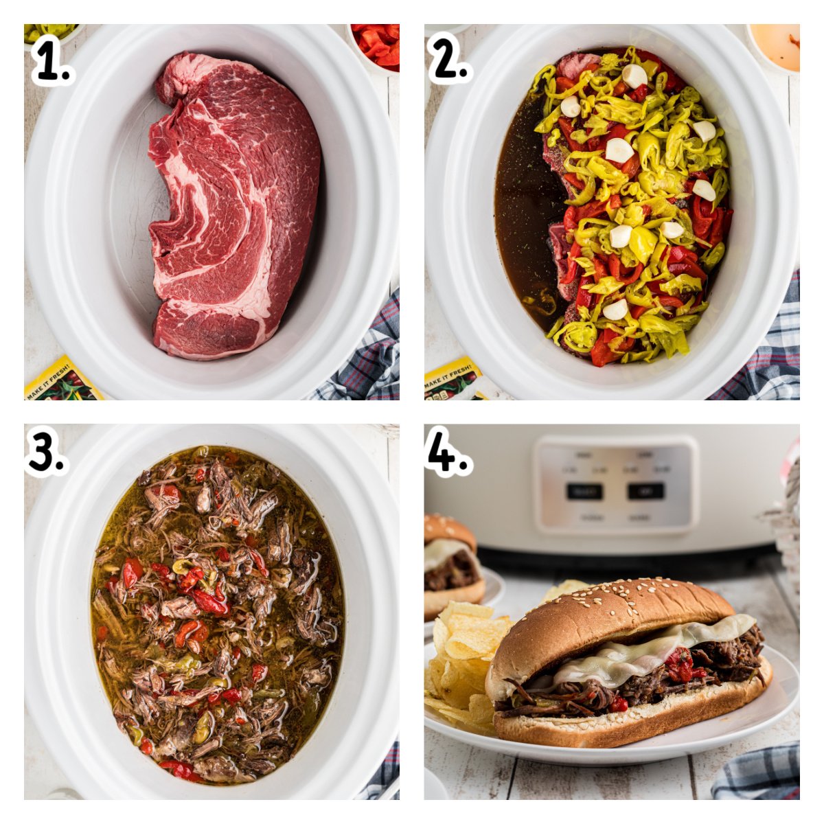 Four images showing how to prepare italian beef for sandwiches in a crock pot.