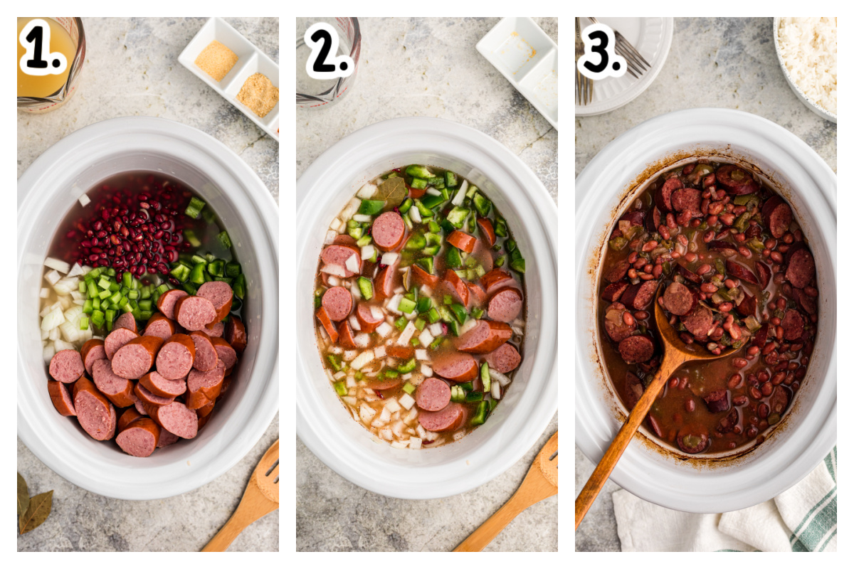 3 images showing how to make crockpot red beans.