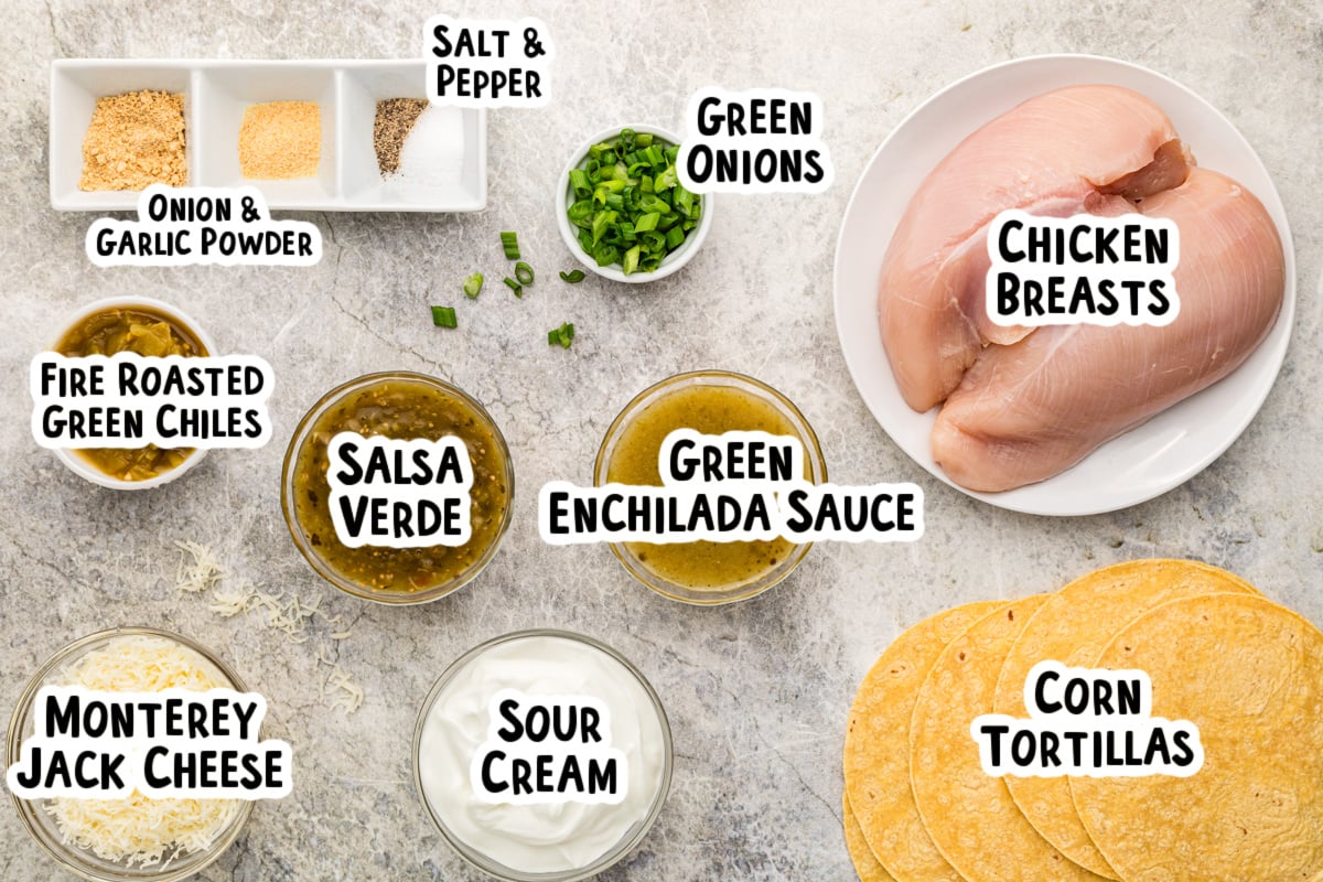 Ingredients for chicken enchilada casserole with text labels.