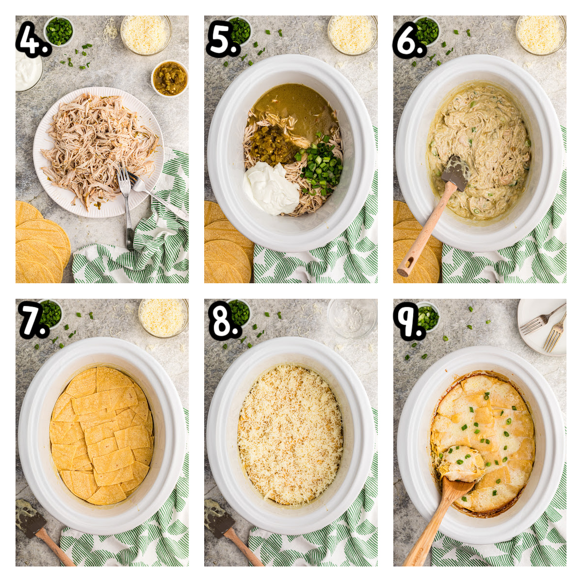 6 images showing how make enchiladas in a crockpot.