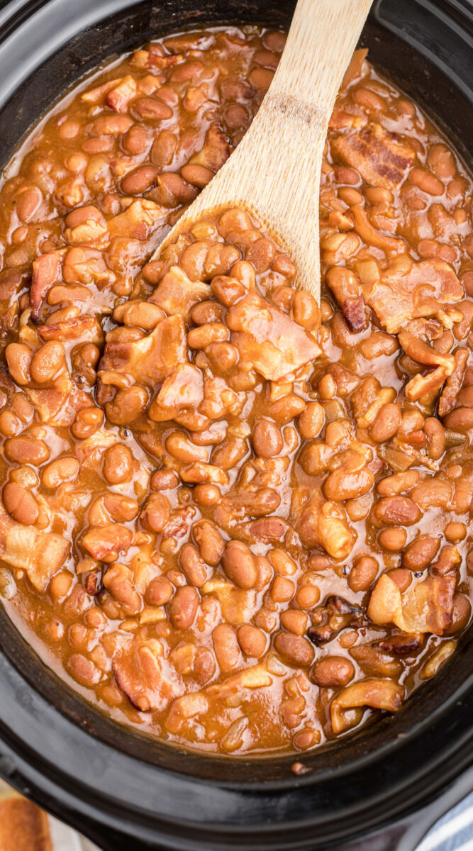 Long image of baked beans for pinterest.