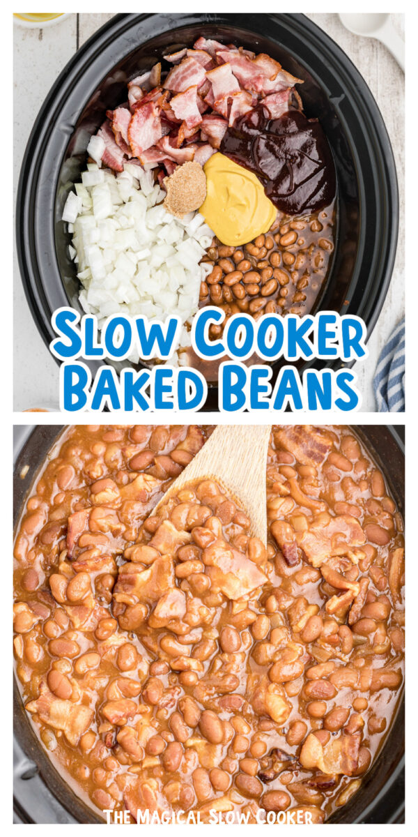 2 images of baked beans for pinterest.