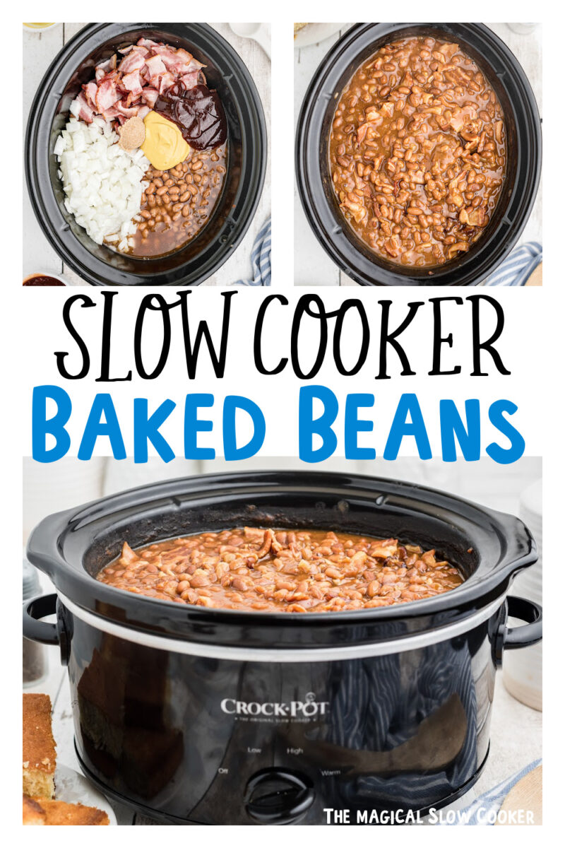 Images of baked beans in crockpot with text overlay.