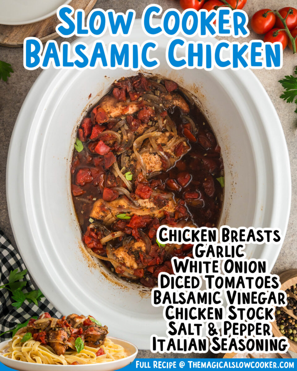 Images of balsamic chicken with text of the ingredients.