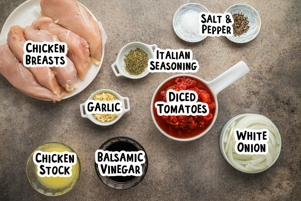 Ingredients for balsamic chicken with text labels.