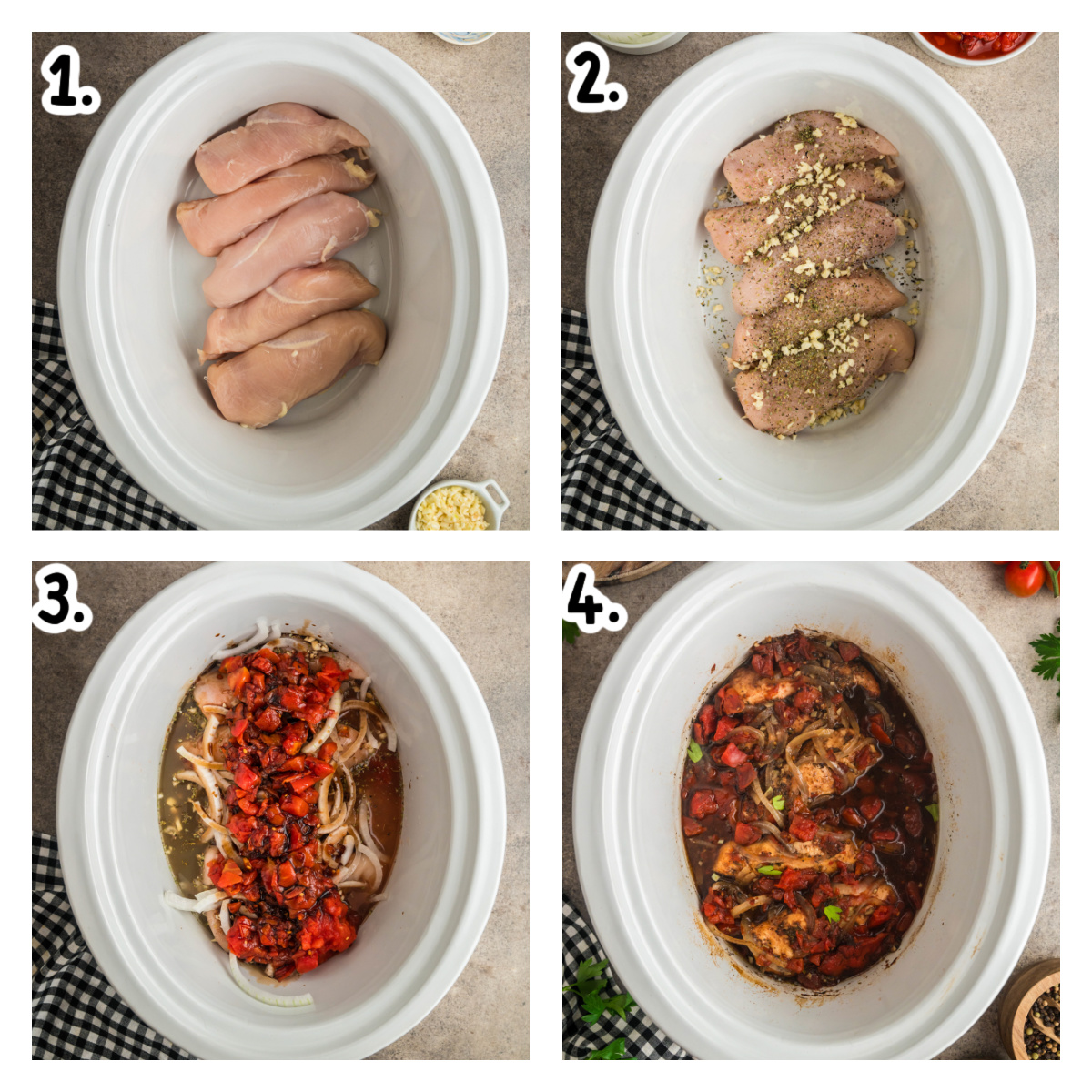 Four images showing how to make balsamic chicken in a crockpot.