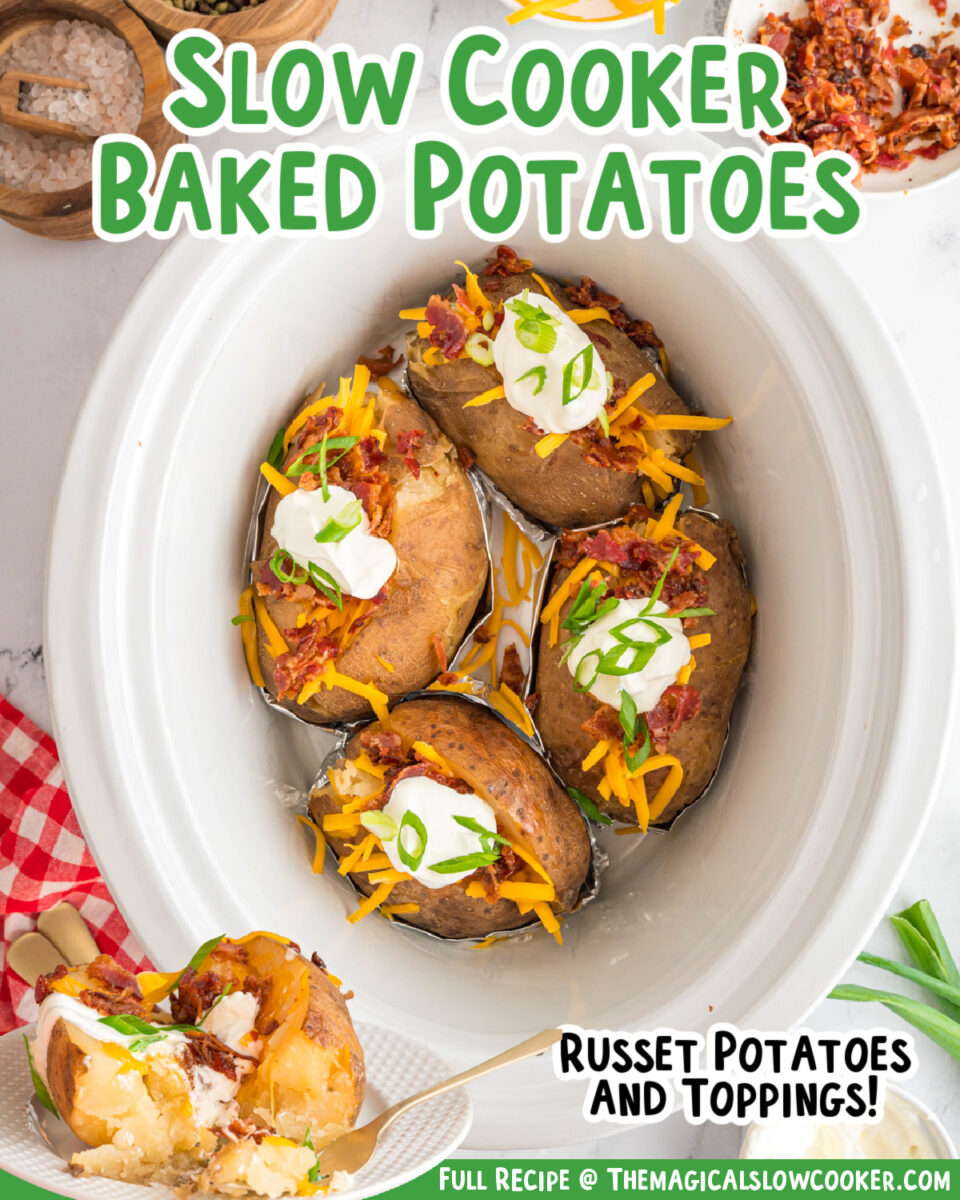 crockpot baked potatoes with text of the ingredienets.