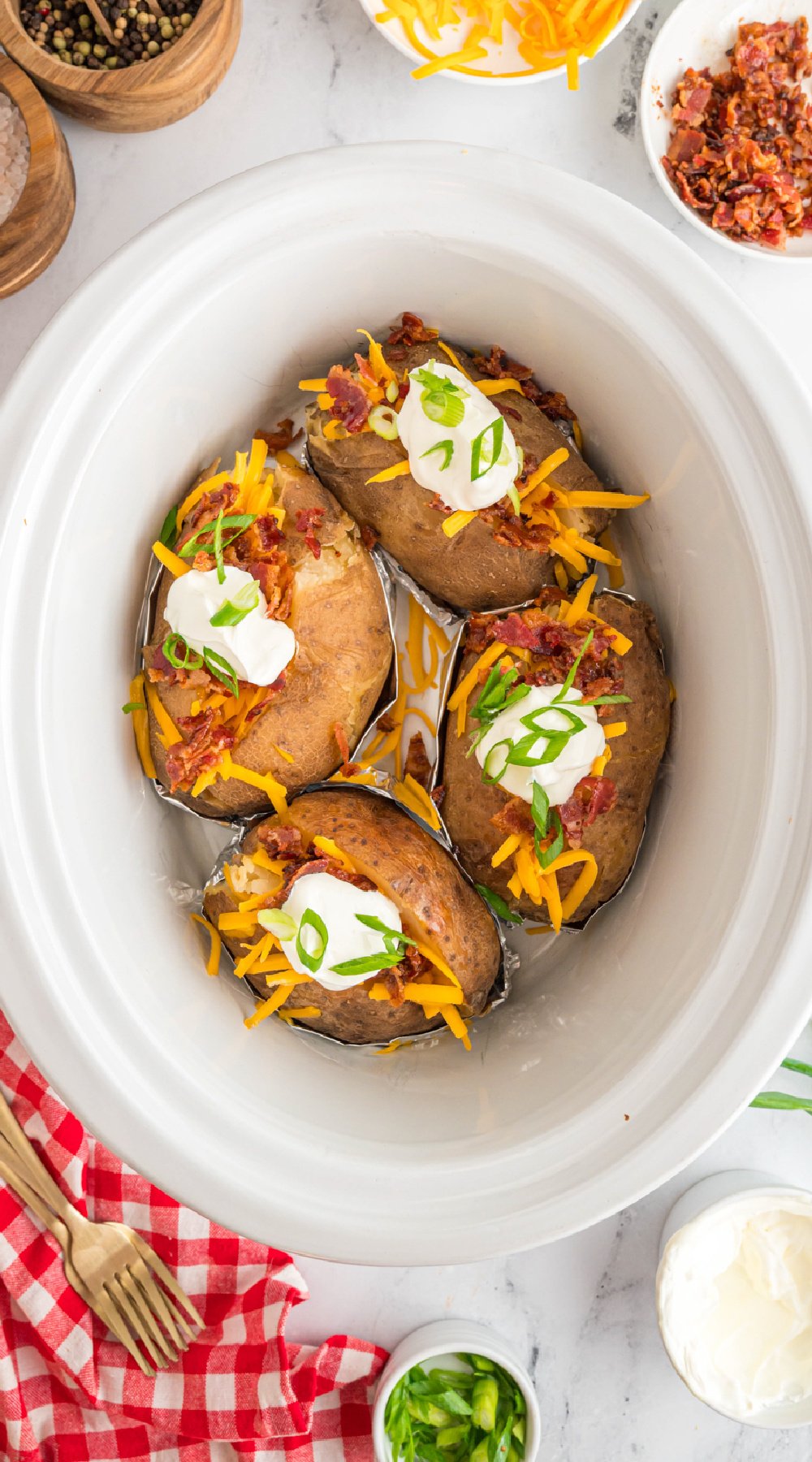 long image of crockpot baked potatoes for pinterest.