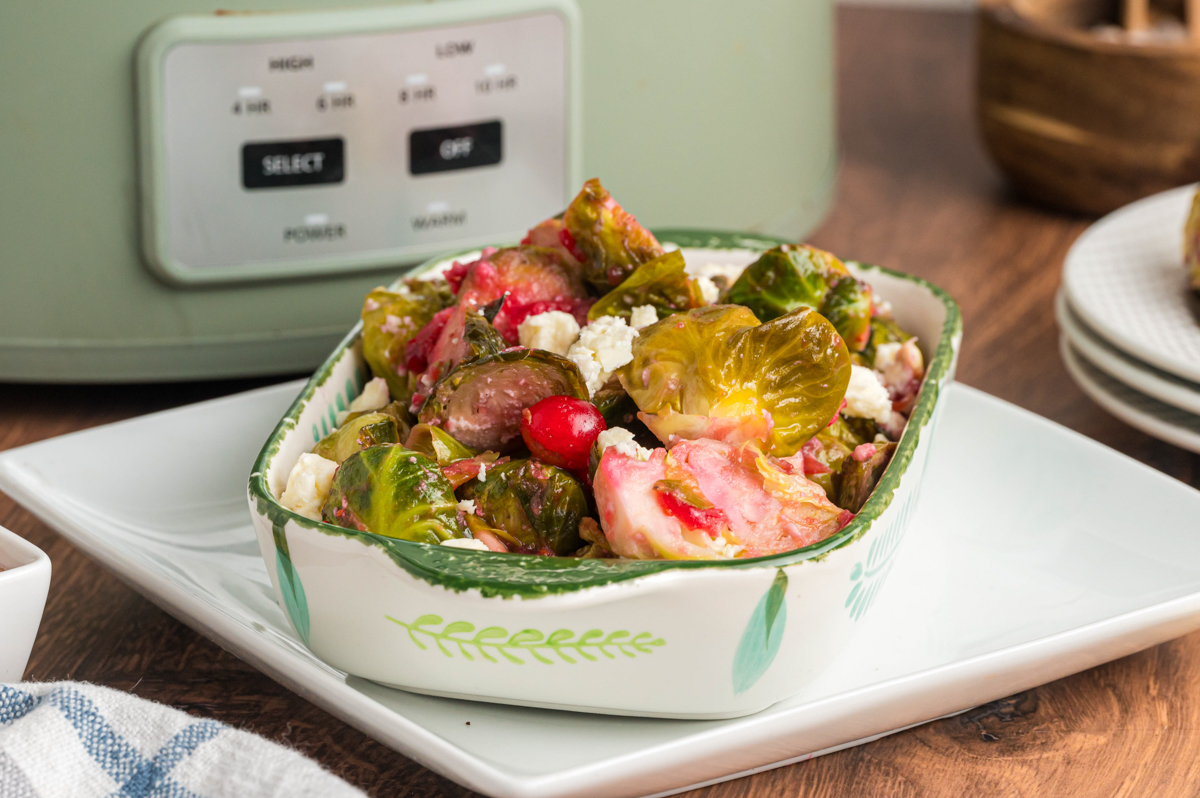 Brussels sprouts with cranberries and feta cheese in front of a slow cooker?