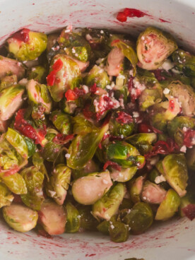 Overhead shot of brussel sprouts in a slow cooker.