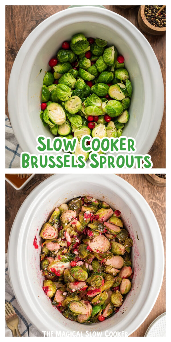 2 images of brussels sprouts in a slow cooker with text for pinterest.
