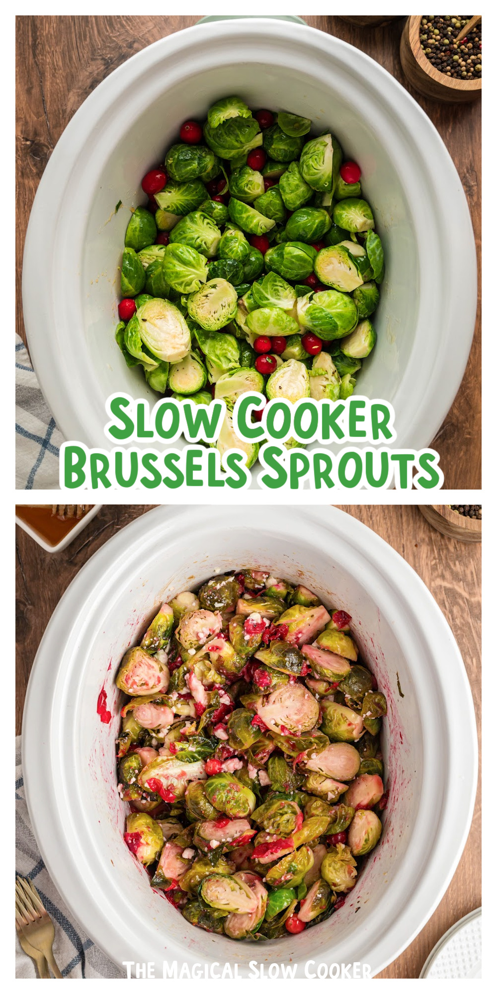 2 images of brussels sprouts in a slow cooker with text for pinterest.