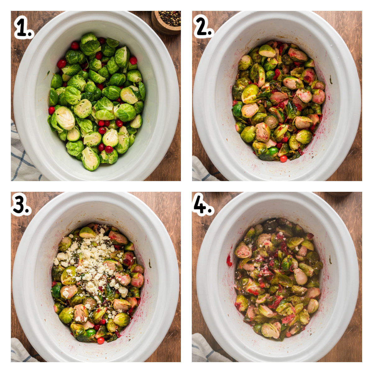 Four images showing how to make brussels sprouts in a slow cooker.