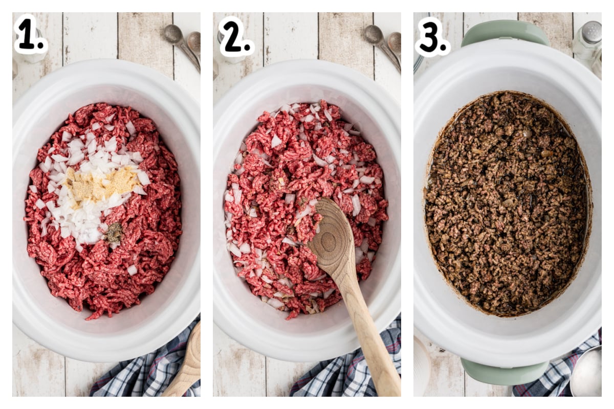 3 images showing how to make ground beef in a crockpot.