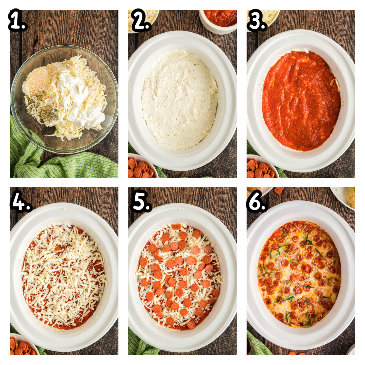 six images showing how to make pizza dip in a crockpot.