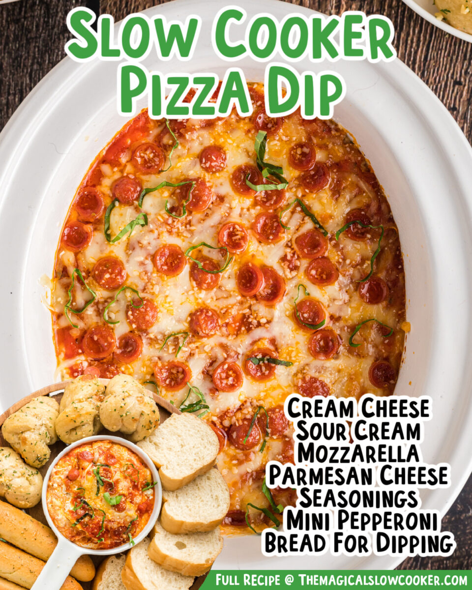 images of pizza dip with text of ingredients.