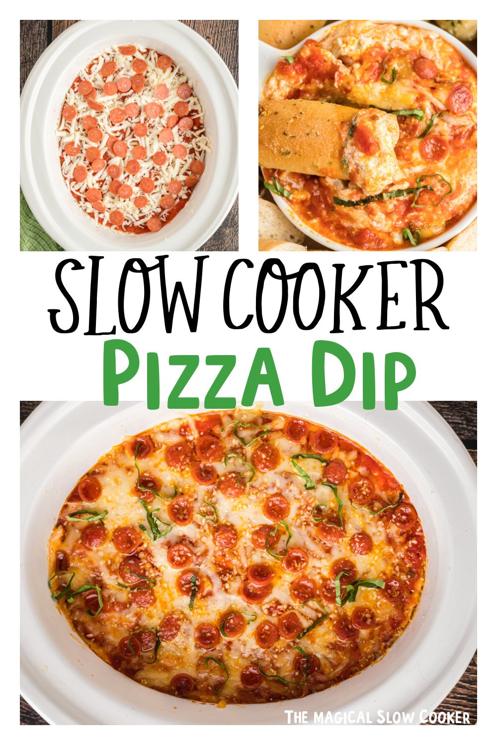 3 images of pizza dip with text overlay.