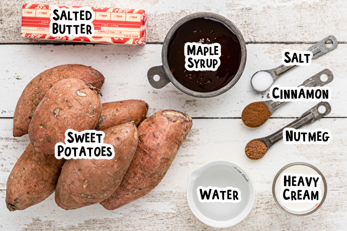 Ingredients for sweet mashed potatoes on a table.