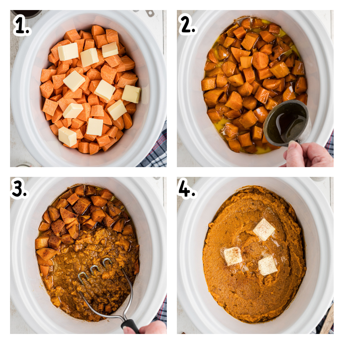 Four images showing how to make mashed sweet potatoes in a slow cooker.