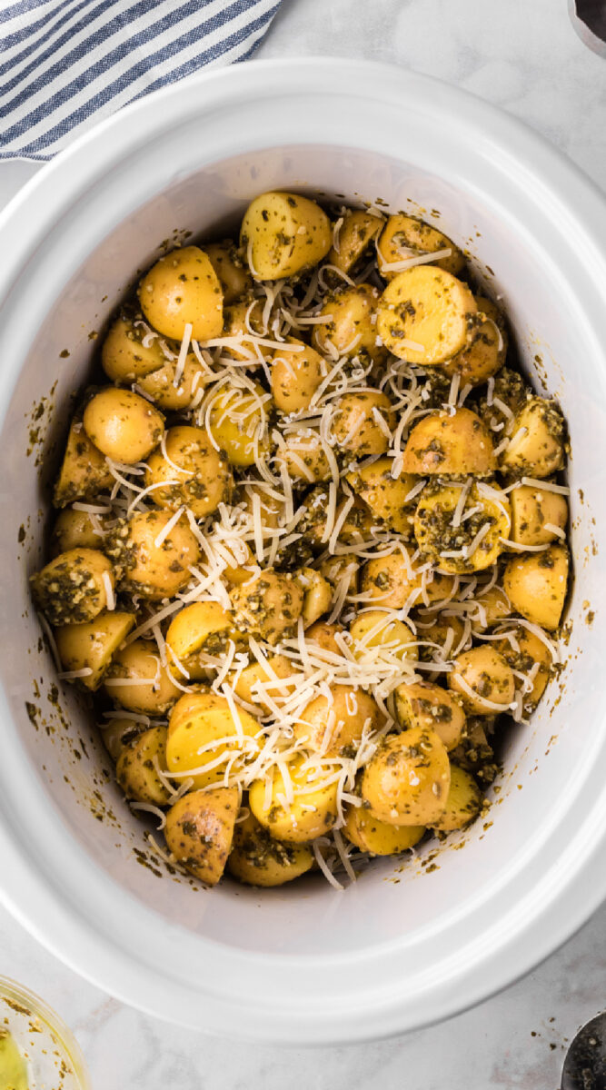 Long image of pesto parmesan potatoes for pinterest.